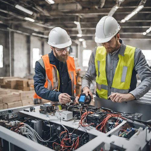 Two men working on a machine in a factory.