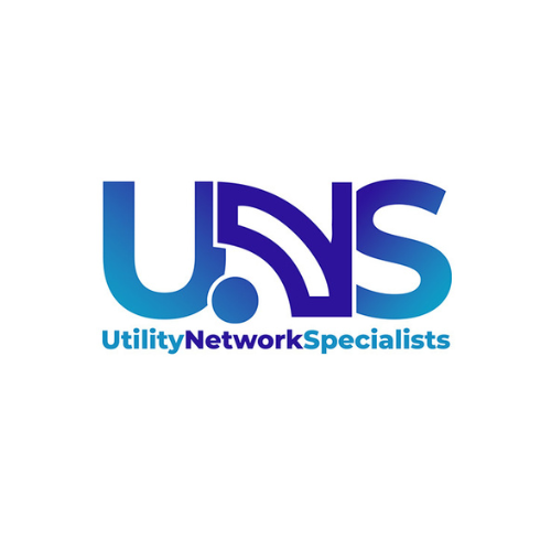 Logo of Utility Network Specialists (UNS) with stylized initials in blue and purple, designed by Andrew Richards. The full company name is elegantly written underneath in blue.